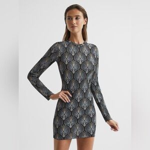 Reiss Annie Metallic Jacquard Long Sleeve Mini Dress Large Retro Glam Disco